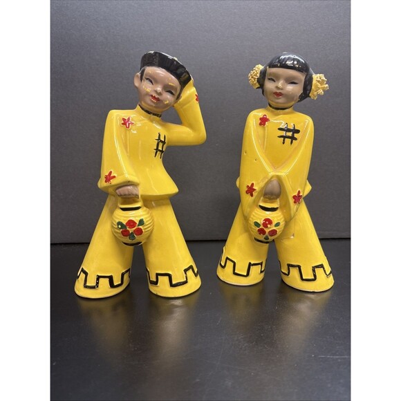 Pair of Antique 1940s Yellow Kreiss & Company Japanese Figurines Man & Woman - Picture 1 of 6
